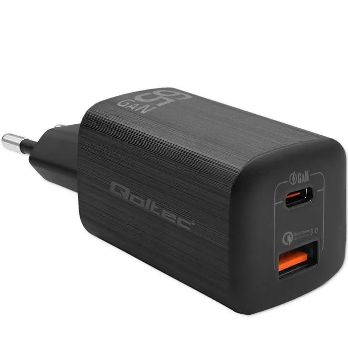 Qoltec ŁADOWARKA SIECIOWA 65W GAN ULTRA | 5-20V | 2.25-3.25A | 1 X USB TYP C PD | 1 X USB QC 3.0, zdjęcie 1 z 4