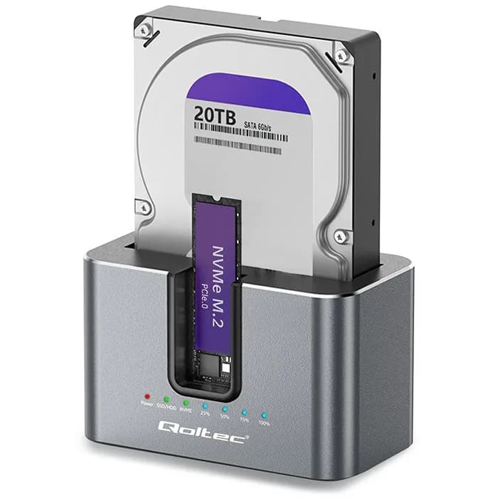 Qoltec STACJA DOKUJĄCA HDD SSD | SATA | M.2 NVME | KLONOWANIE | USB-C | 10GB/S, zdjęcie 1 z 11