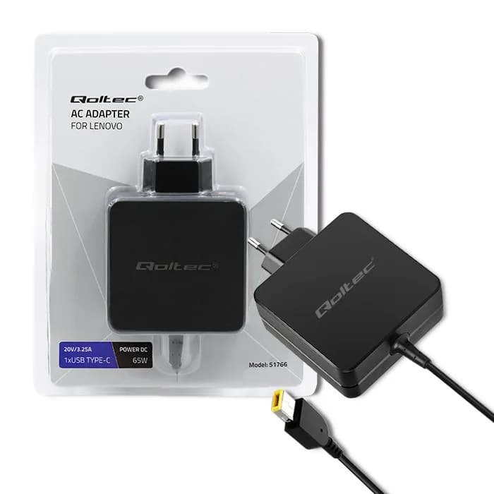 Qoltec ZASILACZ DO LENOVO | 65W | 20V | 3.25A | SLIM TIP, zdjęcie 1 z 9