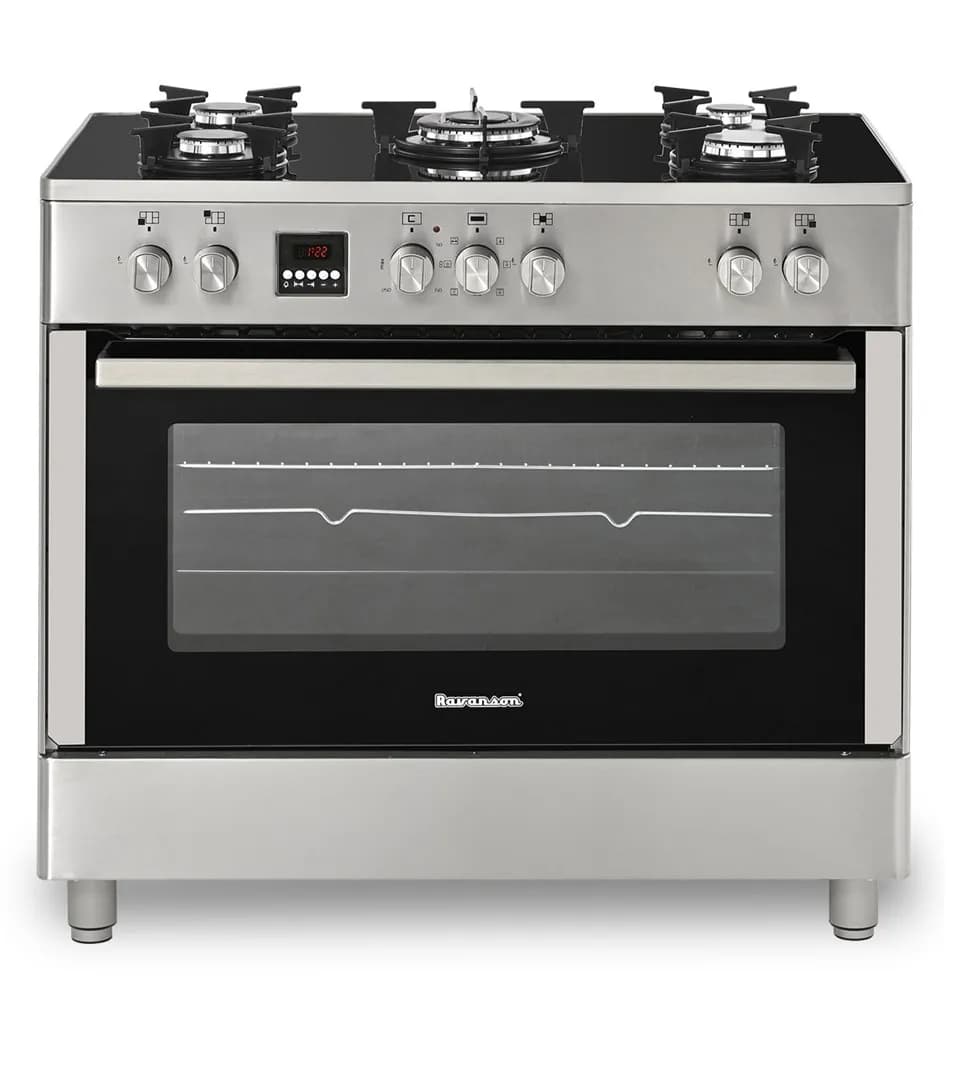 Ravanson Kuchnia gazowo-elektryczna KWGE-K90 Glass Inox | 5 palników + palnik WOK | termoobieg |, zdjęcie 1 z 5