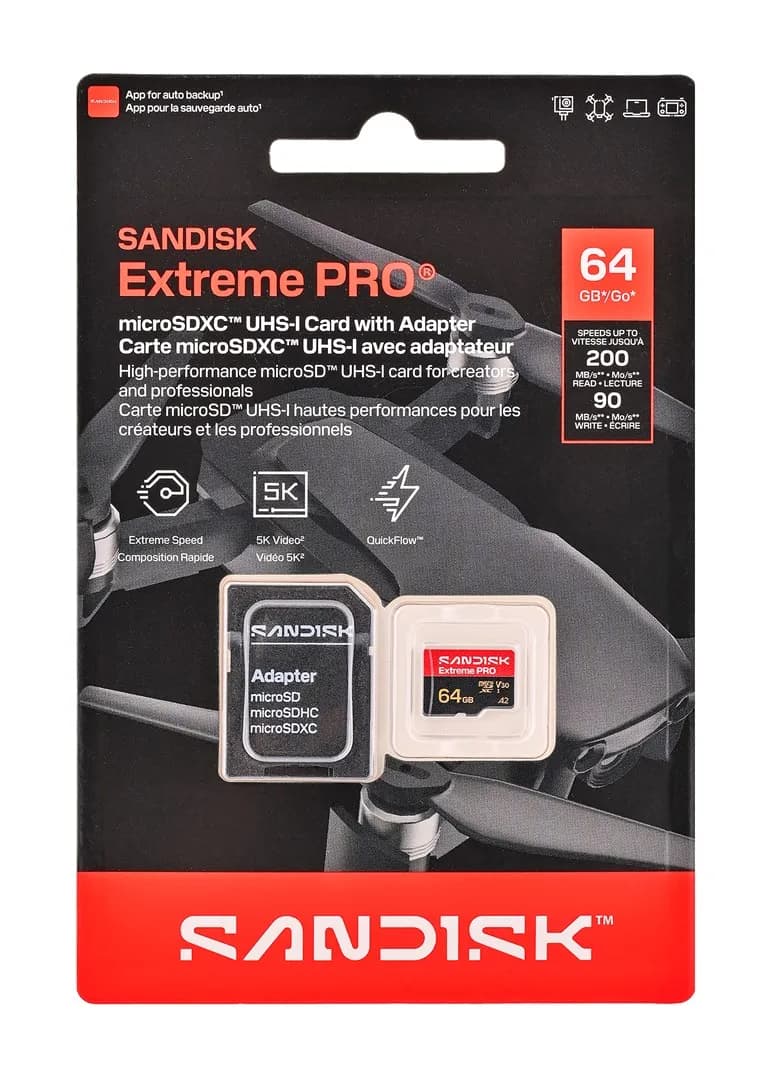 SanDisk Extreme Pro microSD UHS-I 64GB MicroSD 200MB/s(R), 90MB/s(W), zdjęcie 1 z 5