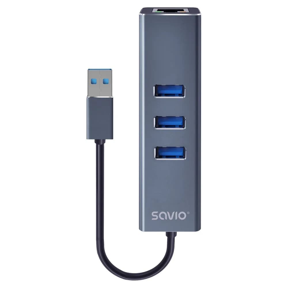 Savio AK-58 3-PORTOWY HUB USB-A Z ADAPTEREM RJ-45, zdjęcie 1 z 8