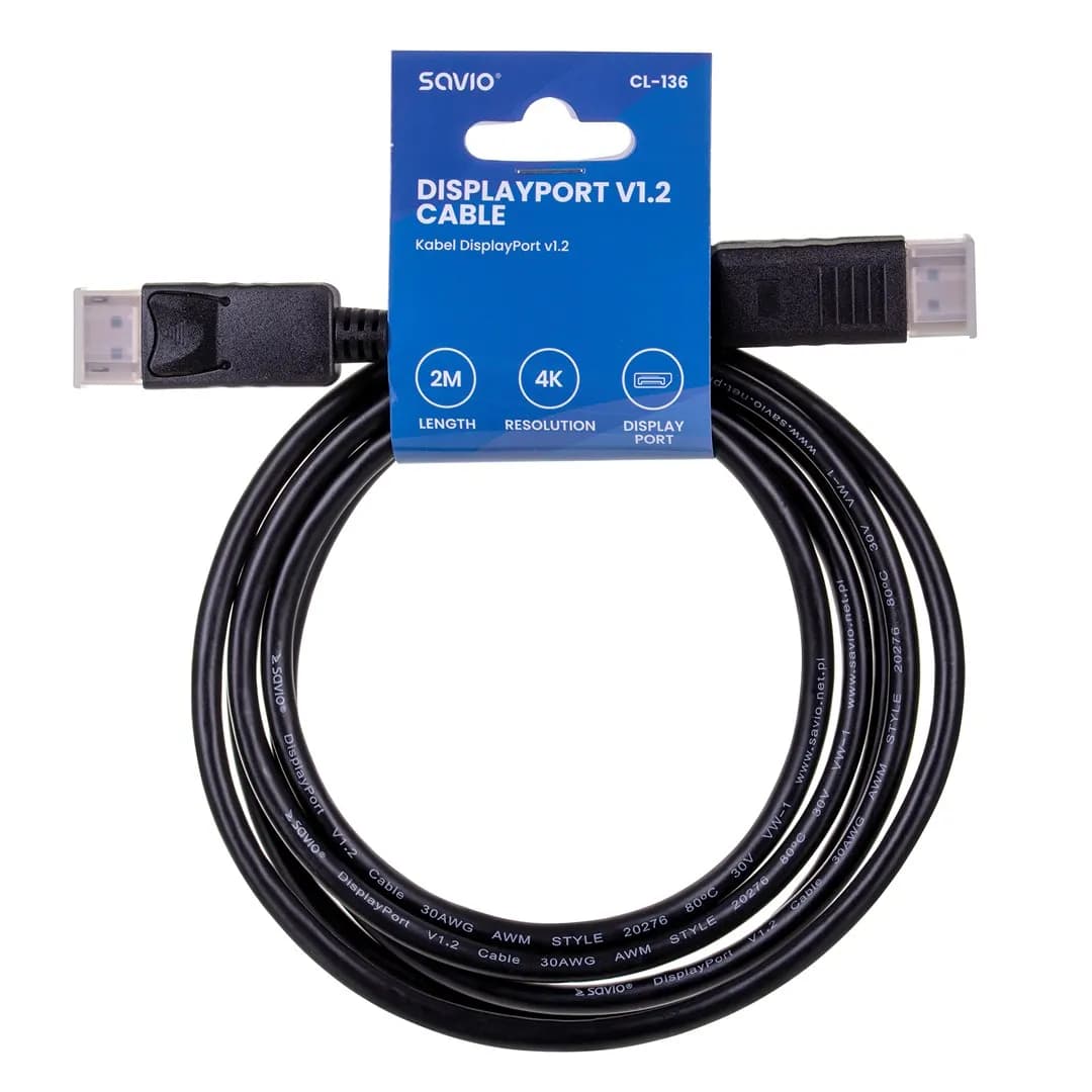 Savio Kabel CL-136 (DisplayPort M - DisplayPort M; 2m; kolor czarny), zdjęcie 1 z 5