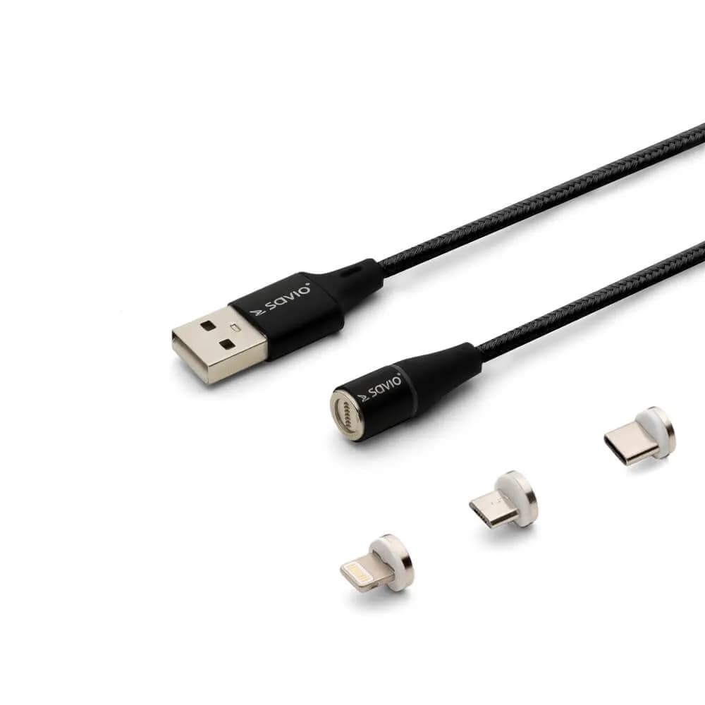 Savio KABEL MAGNETYCZNY USB - USB TYP C, MICRO I LIGHTNING, 2M, CZARNY CL-155
