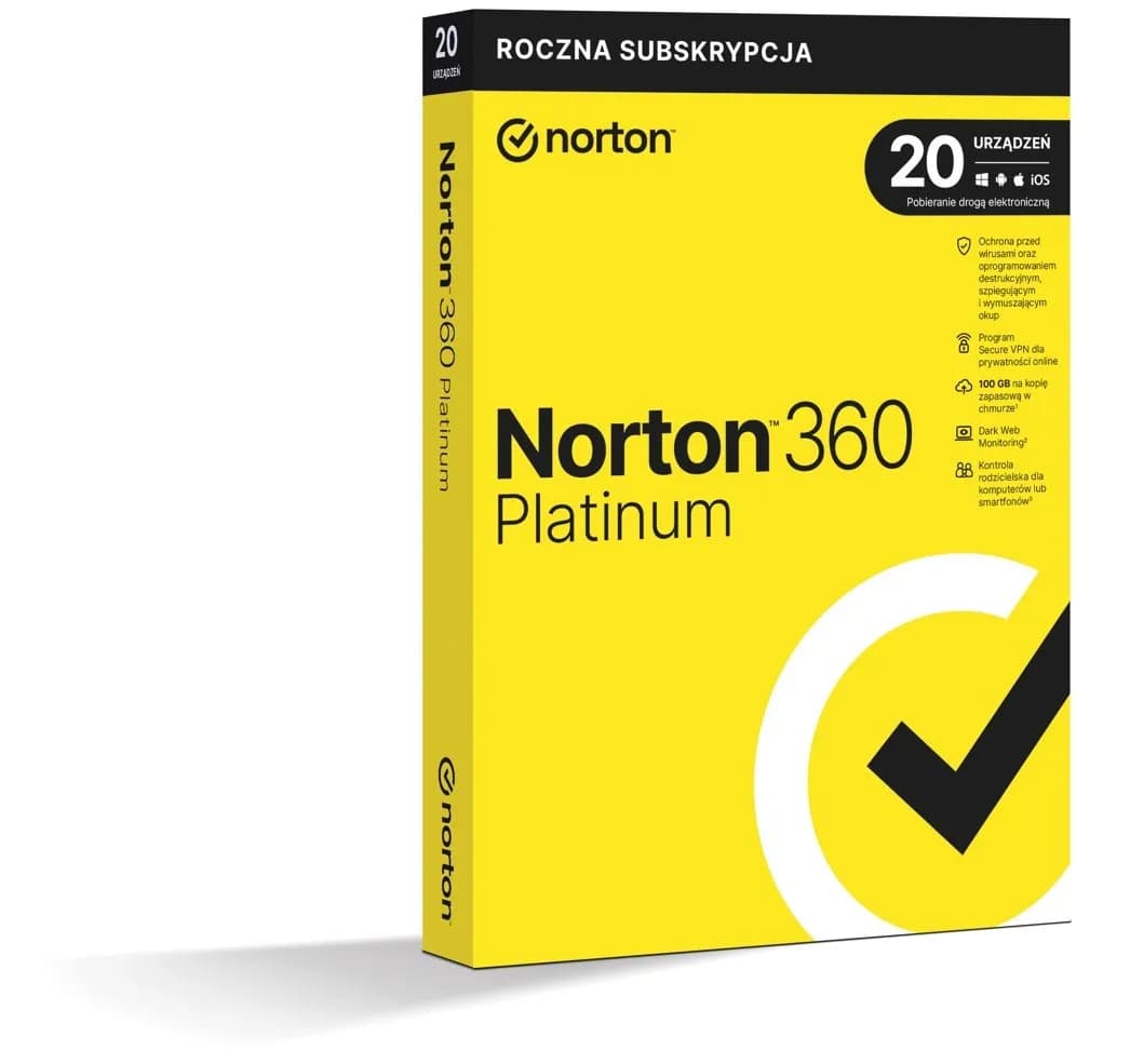 Symantec NORTON 360 PLATINUM 100GB PL 1 USER 20 DEVICE 12MO GENERIC RET DRMKEY FTP, zdjęcie 1 z 5