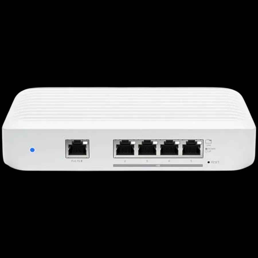 Ubiquiti Layer 2 switch with (4) 10GbE RJ45 ports and (1) GbE, 802.3at PoE+ RJ45 input.The Switch