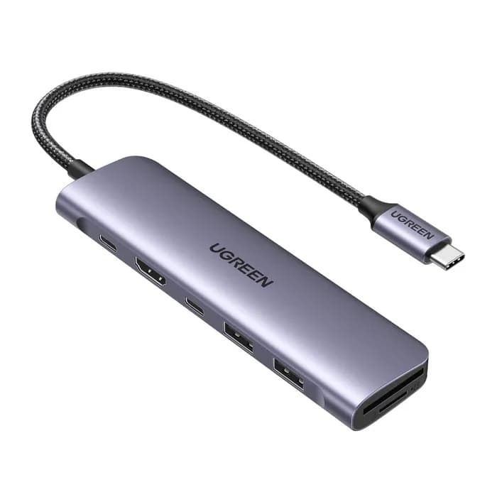 Ugreen Adapter CM195 6w1 USB-C - HDMI, 2x USB-A 3.0, USB-C PD, czytnik SD, TF - szary, zdjęcie 1 z 8