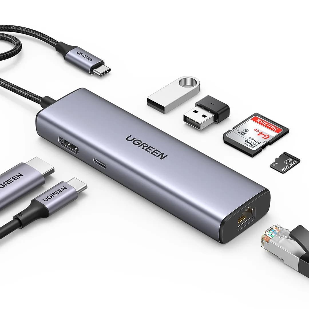 Ugreen Adapter CM512 90568 USB-C - 2x USB-A 3.0, HDMI, RJ45, czytnik kart SD i TF, USB-C PD 100W, zdjęcie 1 z 12