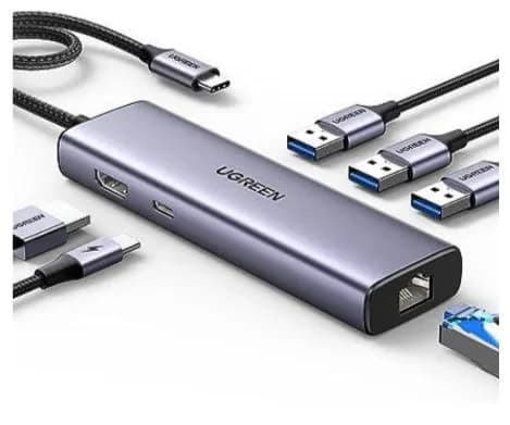 Ugreen HUB CM512 15598 6w1 USB-C - 3x USB-A 3.0, HDMI, RJ45, USB-C PD - szary, zdjęcie 1 z 9