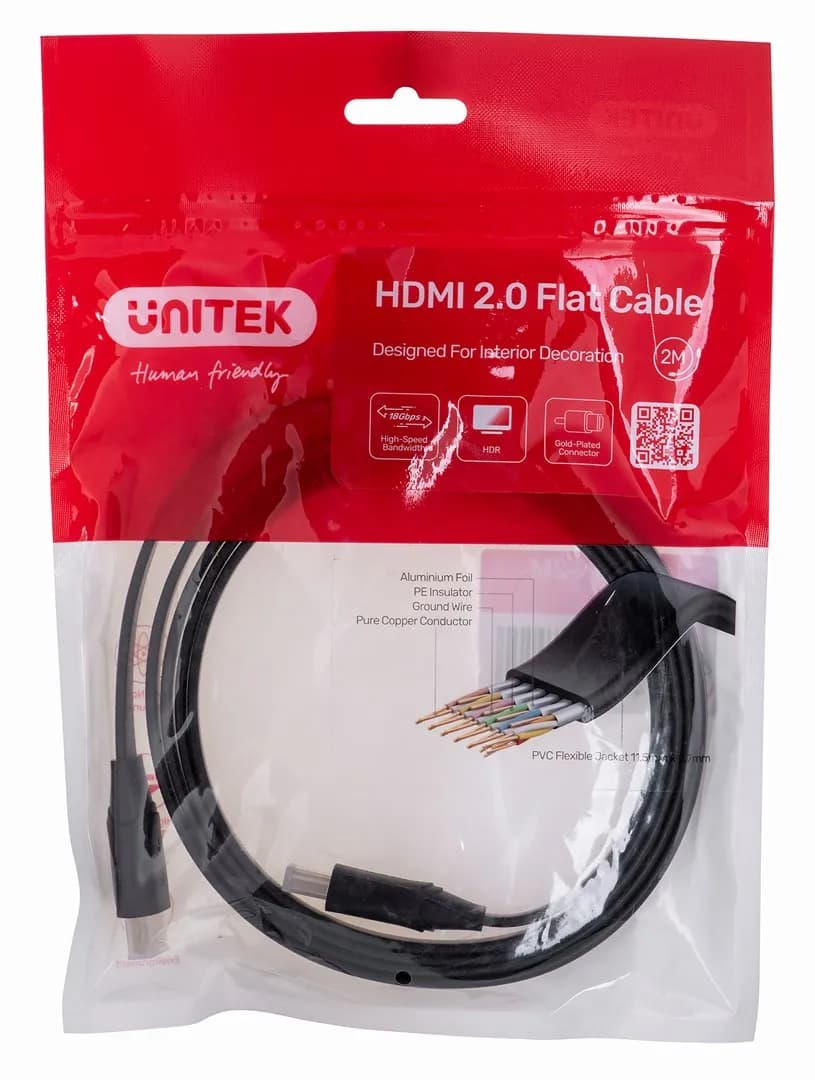 Unitek KABEL HDMI 2.0 4K60HZ, PŁASKI, 2M, C11063BK-2M, zdjęcie 1 z 2