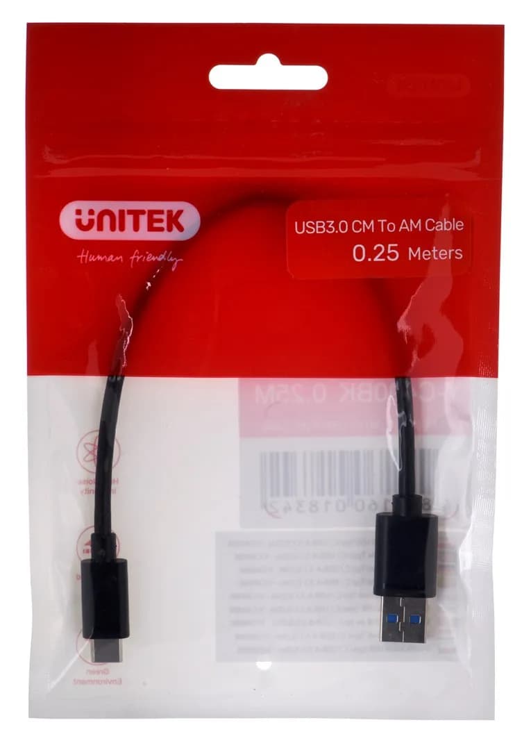 Unitek KABEL USB-C - USB-A 3.1,M/M,0,25M, Y-C490BK, zdjęcie 1 z 2