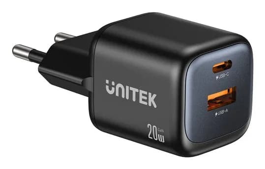 Unitek ŁADOWARKA SIECIOWA 2X GAN USB-C & USB-A 20W CZARNA, zdjęcie 1 z 12