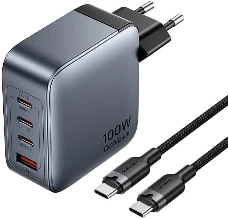 Vention Ładowarka 100W GaN 1x USB-A 3x USB-C + kabel USB-C do USB-C 1m, zdjęcie 1 z 3
