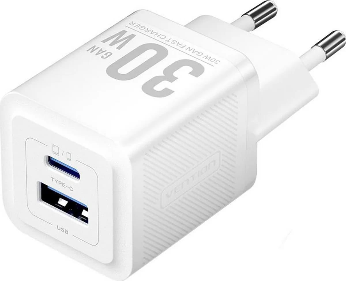 Vention Ładowarka 1x USB-A 1x USB-C GaN 30W biała, zdjęcie 1 z 2
