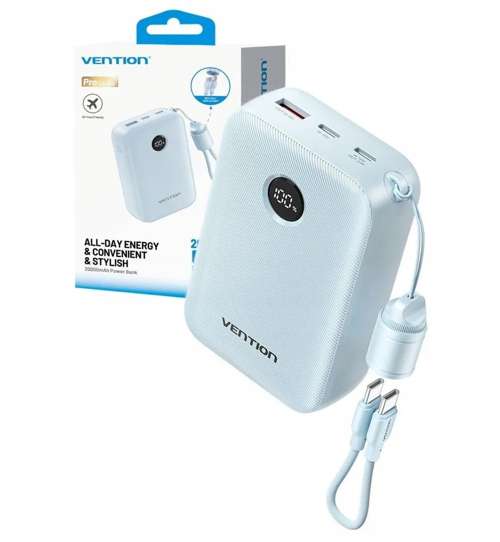 Vention Powerbank 20000mAh 2 x USB-C 1x USB-A z wyświetlaczem 22,5W niebieski, zdjęcie 1 z 4