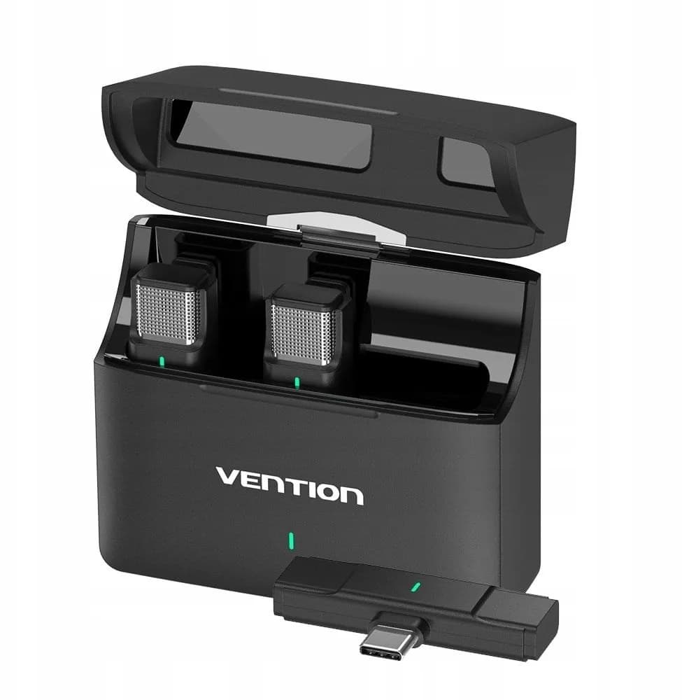 Vention Zestaw 2 bezprzewodowych mikrofonów krawatowych USB-C z etui ładującym czarny, zdjęcie 1 z 3